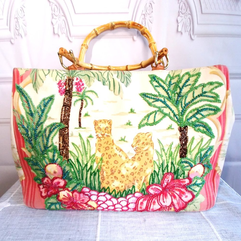 Isabella Fiore Cheetah Palm Trees Sequins Handbag Purse Bamboo Handles